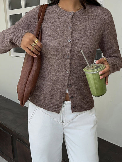 Solid Color Buttoned Long Sleeves Round-neck Cardigan Tops
