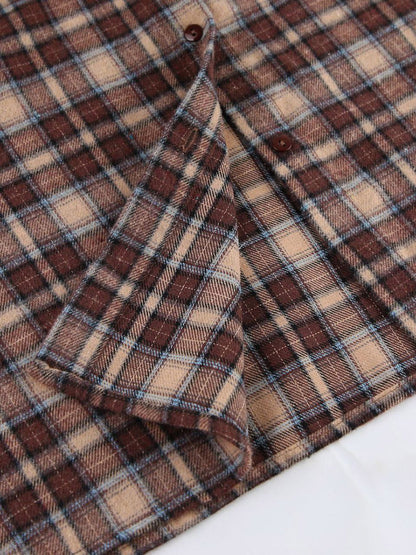Long Sleeves Loose Buttoned Contrast Color Plaid Split-Joint Lapel Blouses&Shirts Tops Outerwear