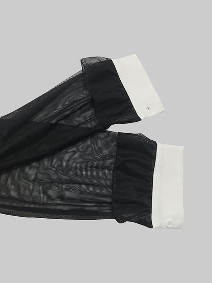 Long Sleeves Buttoned See-Through Solid Color Split-Side Lapel Maxi Dresses Shirt Dress