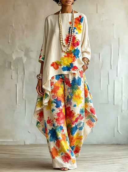 High Waisted Wide Leg Colorful Contrast Color Pockets Printed Pants Trousers