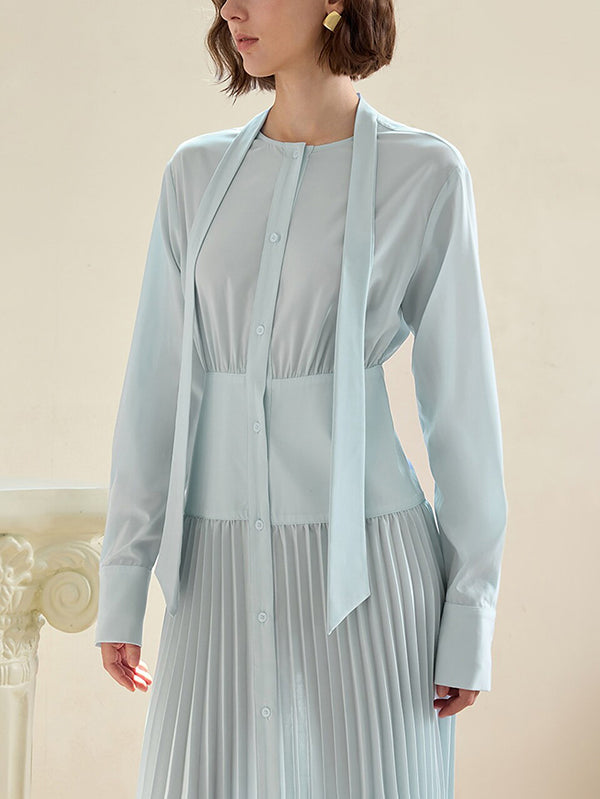 Long Sleeves Pleated Solid Color Split-Joint V-Neck Maxi Dresses