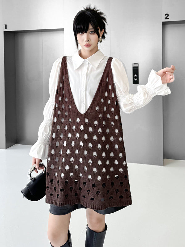 Loose Sleeveless Hollow Solid Color V-Neck Vest Top