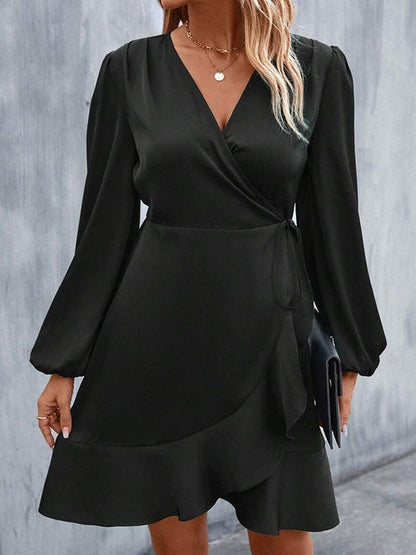 Mini-robes taille haute, plissées, élastiques, couleur unie, fendues, nouées, col en V 