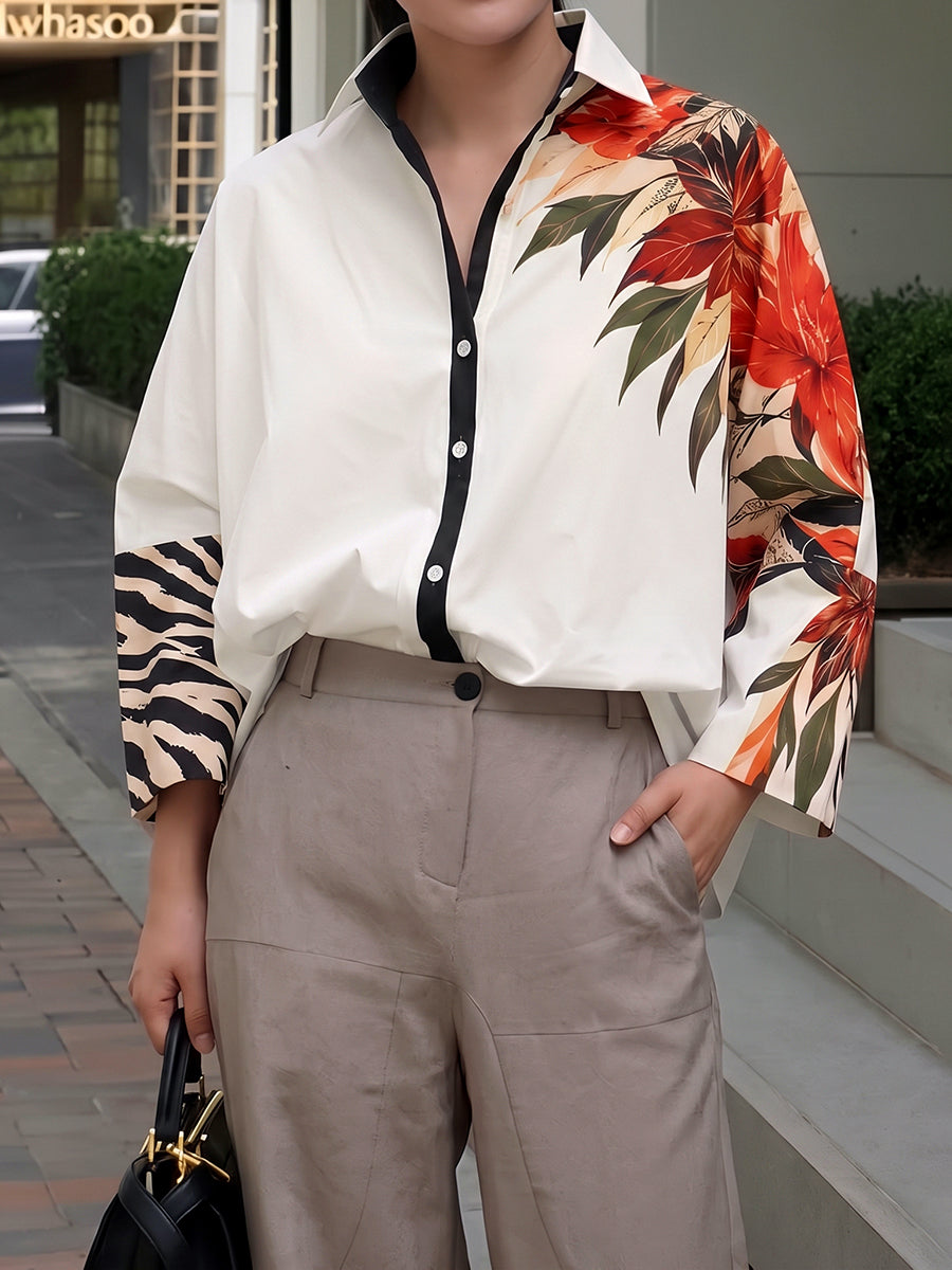 Zebra Printed Split-Joint Flower Print Contrast Color Buttoned Loose Long Sleeves Lapel Blouses&shirts Tops