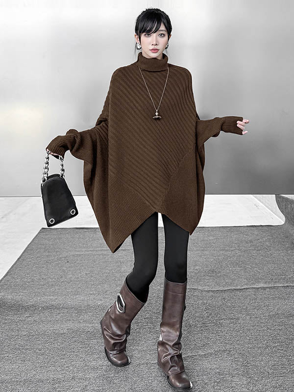 Batwing Sleeves Irregularity Asymmetric Ribbed Knit Solid Color Split-Joint High Neck Sweater Tops