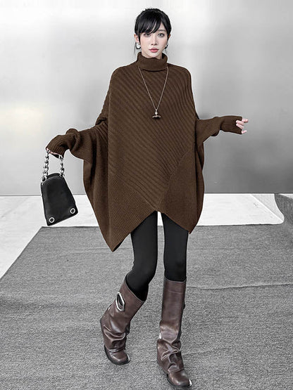Batwing Sleeves Irregularity Asymmetric Ribbed Knit Solid Color Split-Joint High Neck Sweater Tops
