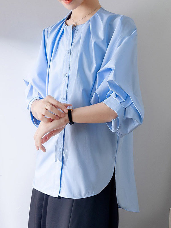 Half Sleeves Loose Buttoned Pleated Solid Color Round-Neck Blouses&Shirts Tops