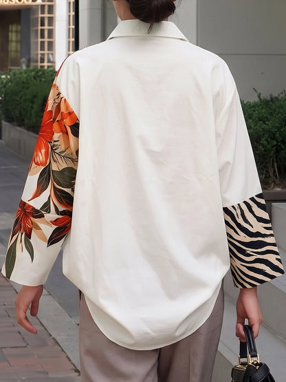 Zebra Printed Split-Joint Flower Print Contrast Color Buttoned Loose Long Sleeves Lapel Blouses&shirts Tops