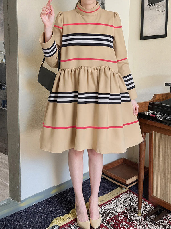 A-Line High Waisted Contrast Color Pleated Striped Mock Neck Midi Dresses