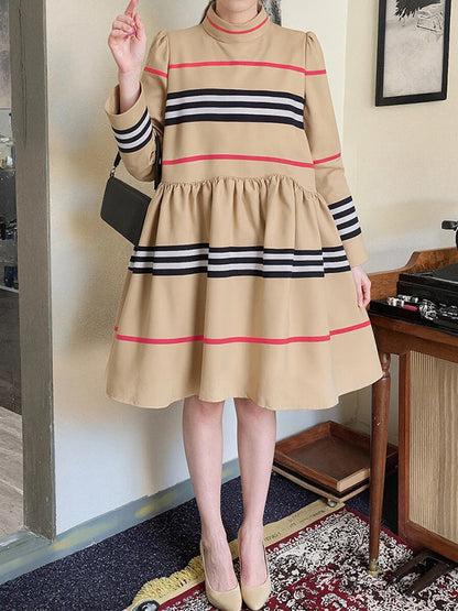 A-Line High Waisted Contrast Color Pleated Striped Mock Neck Midi Dresses
