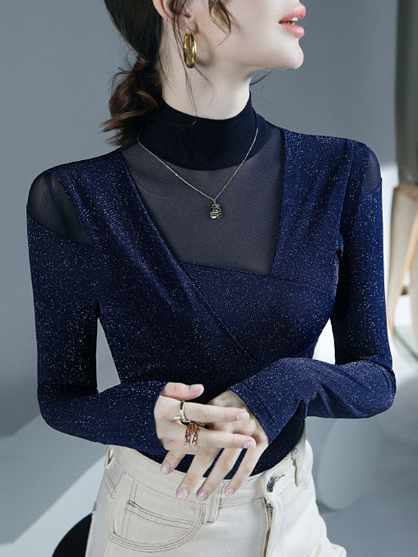 Long Sleeves Skinny Asymmetric Mesh See-Through Shiny Split-Joint Half Turtleneck Blouses&Shirts Tops