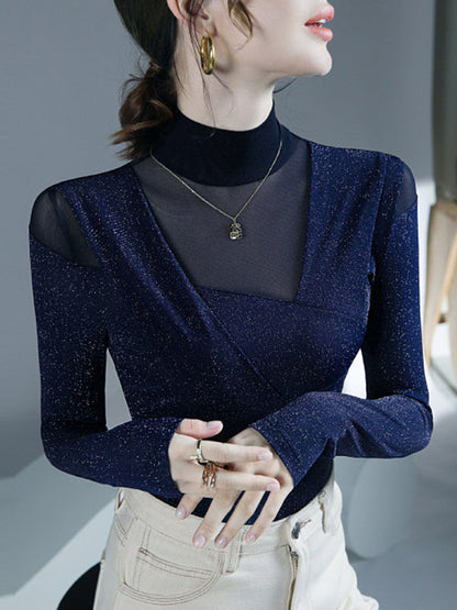 Long Sleeves Skinny Asymmetric Mesh See-Through Shiny Split-Joint Half Turtleneck Blouses&Shirts Tops