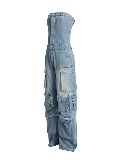 High Waisted Wide Leg Buttoned Hollow Pockets Split-Joint Tube Jumpsuits