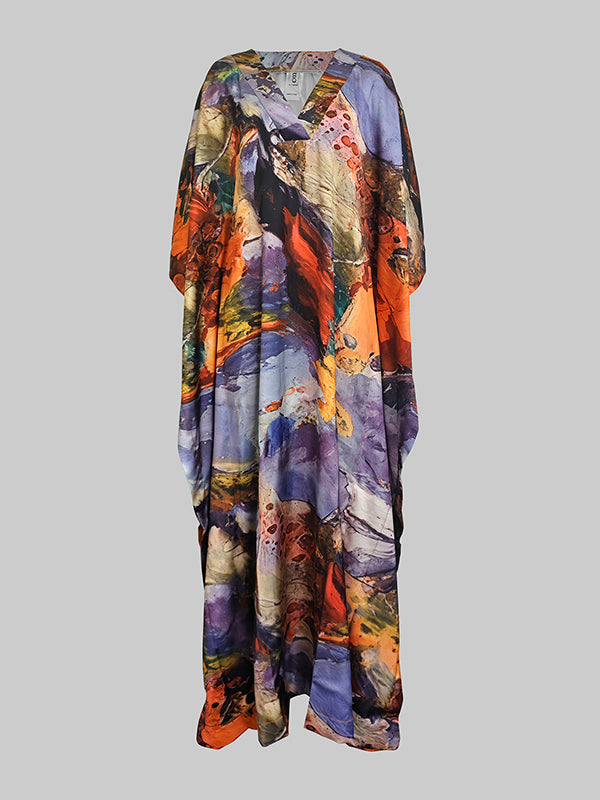 Batwing Sleeves Loose Gauze Printed Split-Joint V-Neck Maxi Dresses