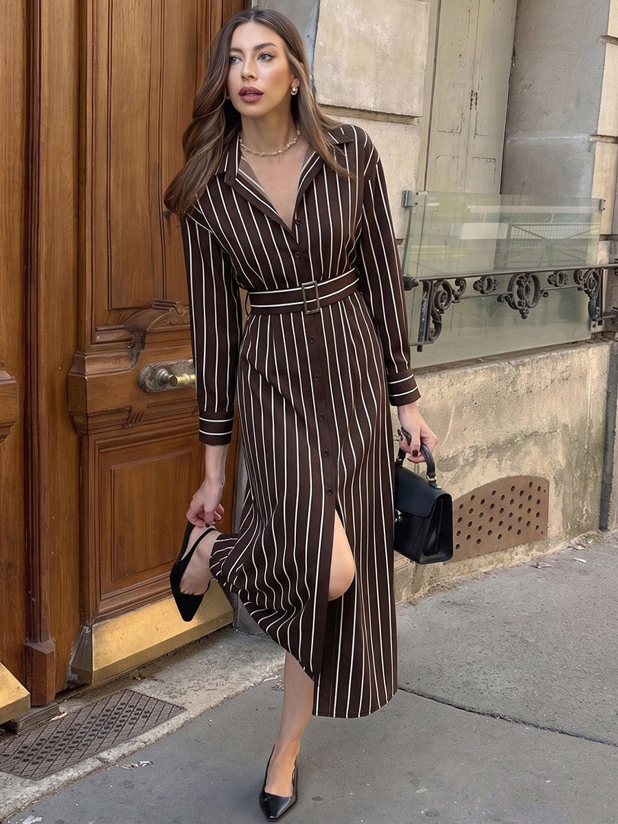 Striped Split-front Buttoned Belted Three-quarter Sleeves High Waisted Lapel Shirt Dress Maxi Dresses