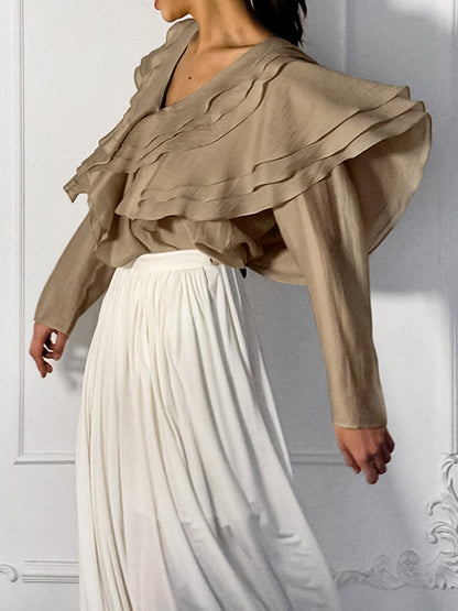 Long Sleeves Backless Ruffled Solid Color V-Neck Blouses&Shirts Tops