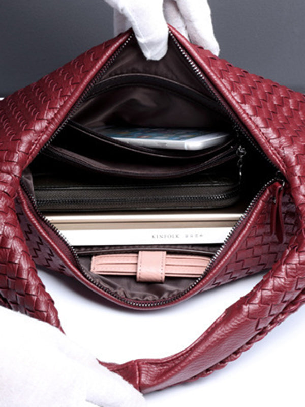 Geometric Solid Color Split-Joint Woven Zipper Bags Handbags