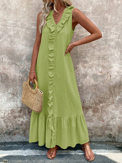 A-Line Loose Pleated Ruffle Trim Solid Color V-Neck Maxi Dresses