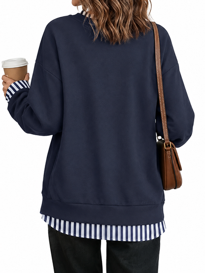 Striped Split-Joint Contrast Color Plus Size Loose Round-neck Sweater Pullovers