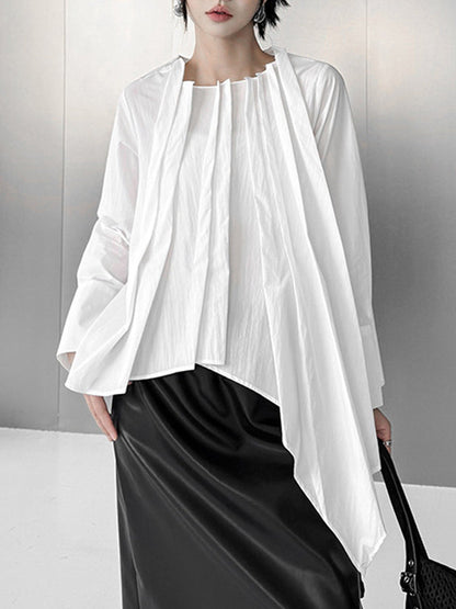 Hipster Irregularity Asymmetric Pleated Solid Color Round-Neck Blouses&Shirts Tops