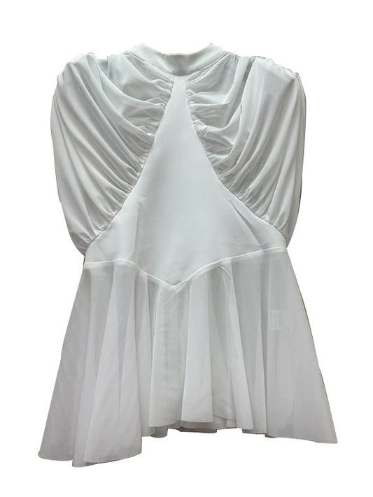 Loose Sleeveless Pleated Solid Color Round-neck Blouses&shirts Tops