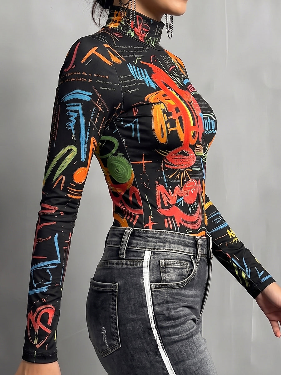 Printed Letter Print Contrast Color Skinny Long Sleeves Mock Neck T-Shirts Tops