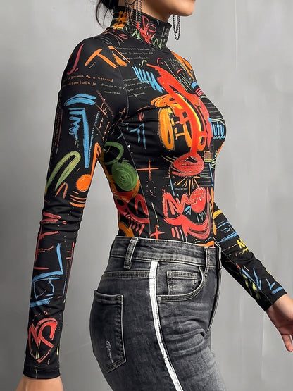 Printed Letter Print Contrast Color Skinny Long Sleeves Mock Neck T-Shirts Tops