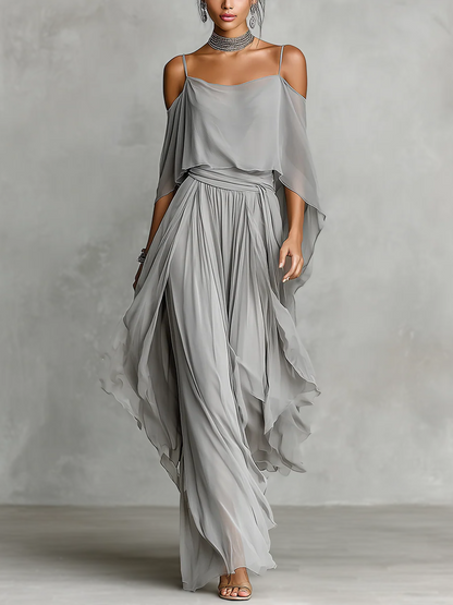 Cape High-Low See-Through Solid Color Spaghetti-Neck Blouses&Shirts Tops