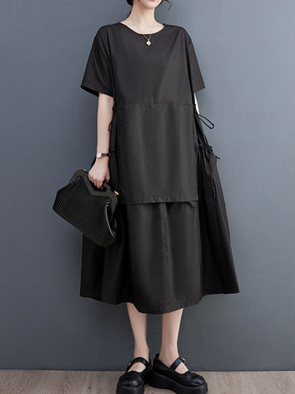 Loose Short Sleeves Solid Color Split-Joint Round-Neck Midi Dresses