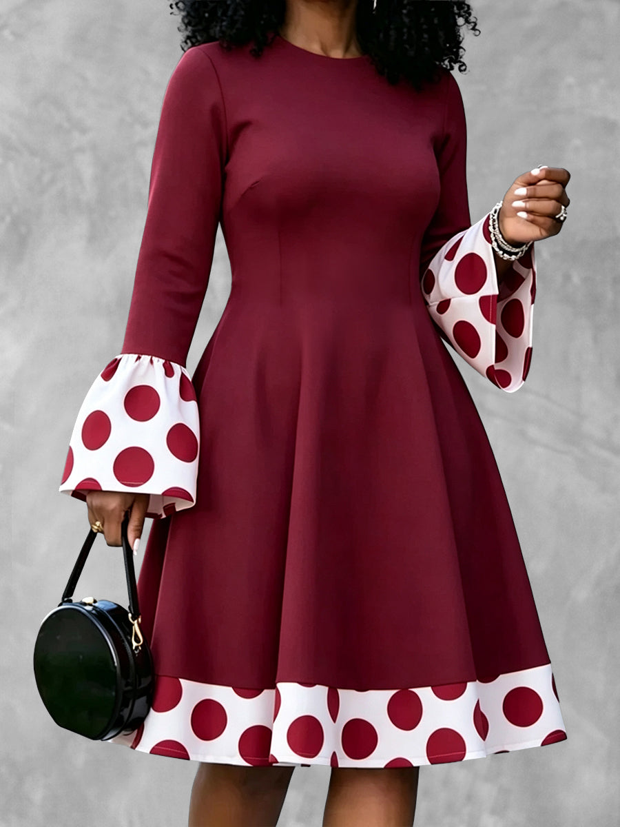 Zipper Split-Joint Polka-Dot Contrast Color Long Sleeves High Waisted Round-neck Midi Dresses