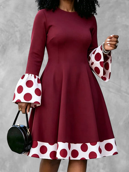 Zipper Split-Joint Polka-Dot Contrast Color Long Sleeves High Waisted Round-neck Midi Dresses