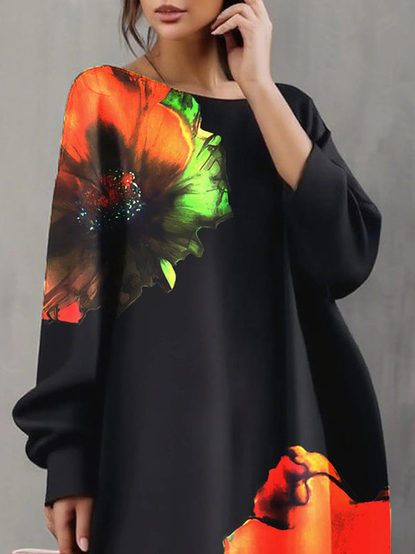 A-Line Long Sleeves Flower Print Round-Neck Midi Dresses