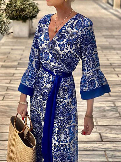 A-Line Flared Sleeves Pleated Printed Split-Joint Tied Waist V-Neck Maxi Dresses