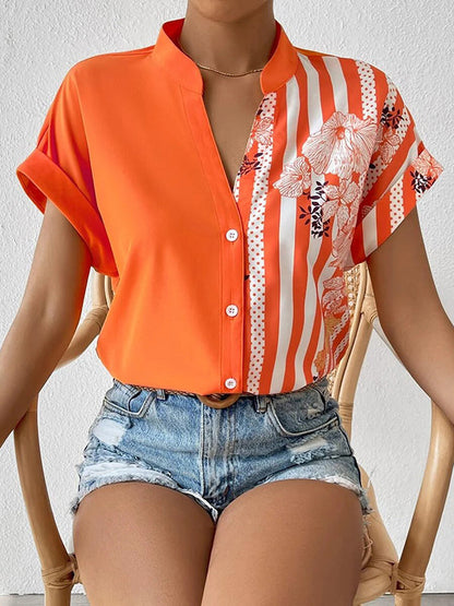 Loose Short Sleeves Buttoned Contrast Color Flower Print Striped V-Neck Blouses&Shirts Tops