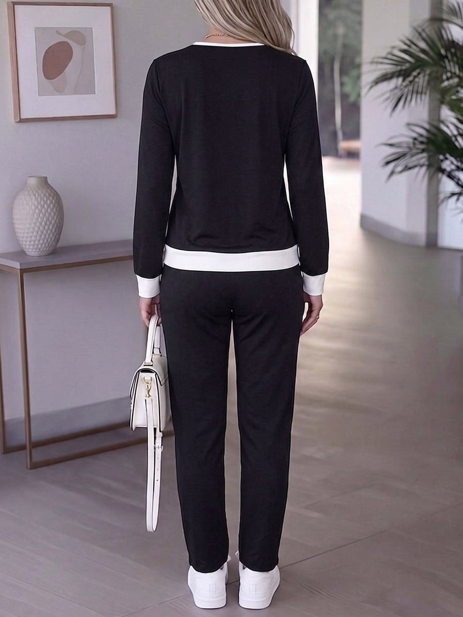 Pockets Drawstring Contrast Color Long Sleeves High Waisted V-neck Two Pieces Set