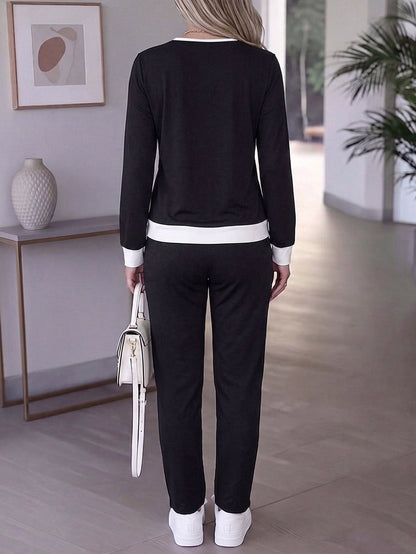 Pockets Drawstring Contrast Color Long Sleeves High Waisted V-neck Two Pieces Set