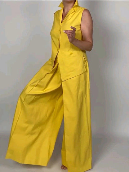 Sleeveless Solid Color Split-Joint Lapel Vest Top