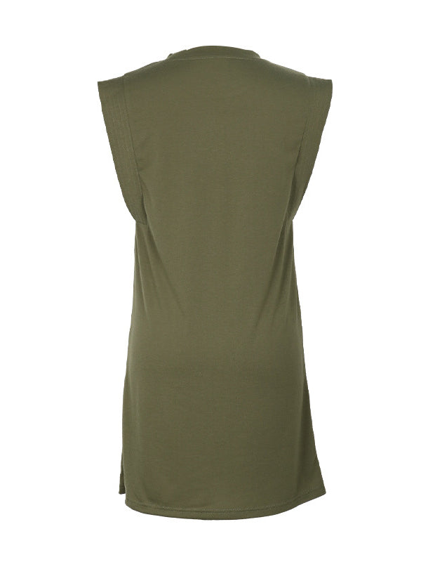 Mini-robes trapèze amples à col rond et fentes de couleur unie 