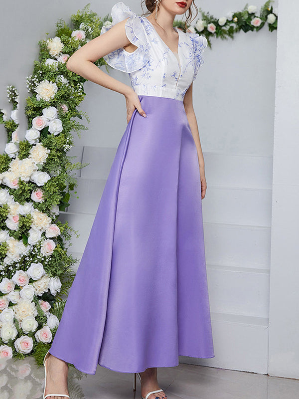 High Waisted Petal Sleeves Printed Split-Joint Deep V-Neck Maxi Dresses