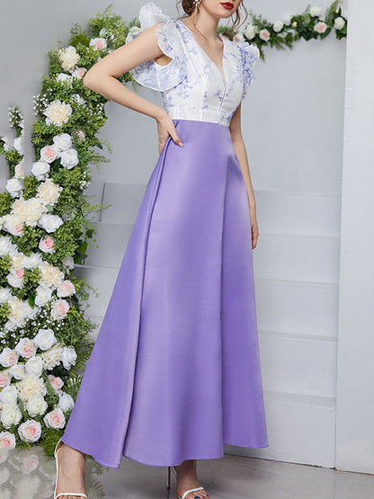 High Waisted Petal Sleeves Printed Split-Joint Deep V-Neck Maxi Dresses