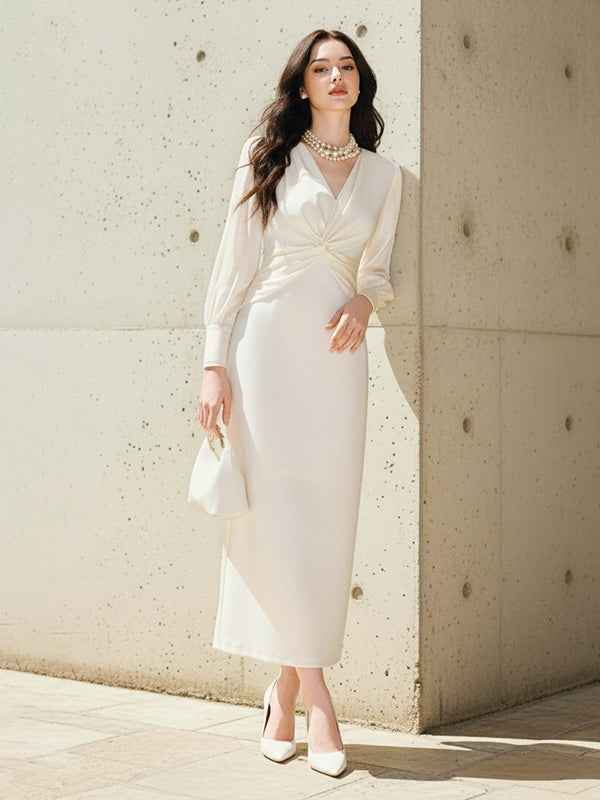 Bodycon Elasticated Waist Solid Color Twist V-Neck Maxi Dresses