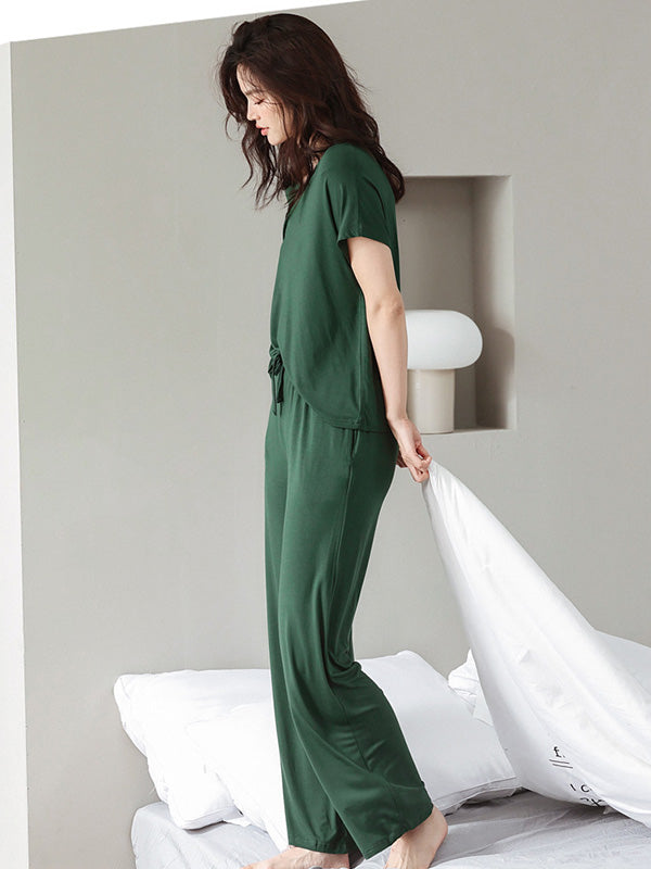 Casual Short Sleeves Solid Color V-Neck T Shirt Top&Drawstring Pants Pajamas Set