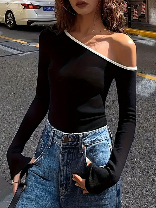Long Sleeves Skinny Asymmetric One-Shoulder T-Shirts Tops