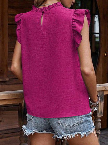 Loose Sleeveless Pleated Ruffle Trim Solid Color Round-Neck Blouses&Shirts Tops