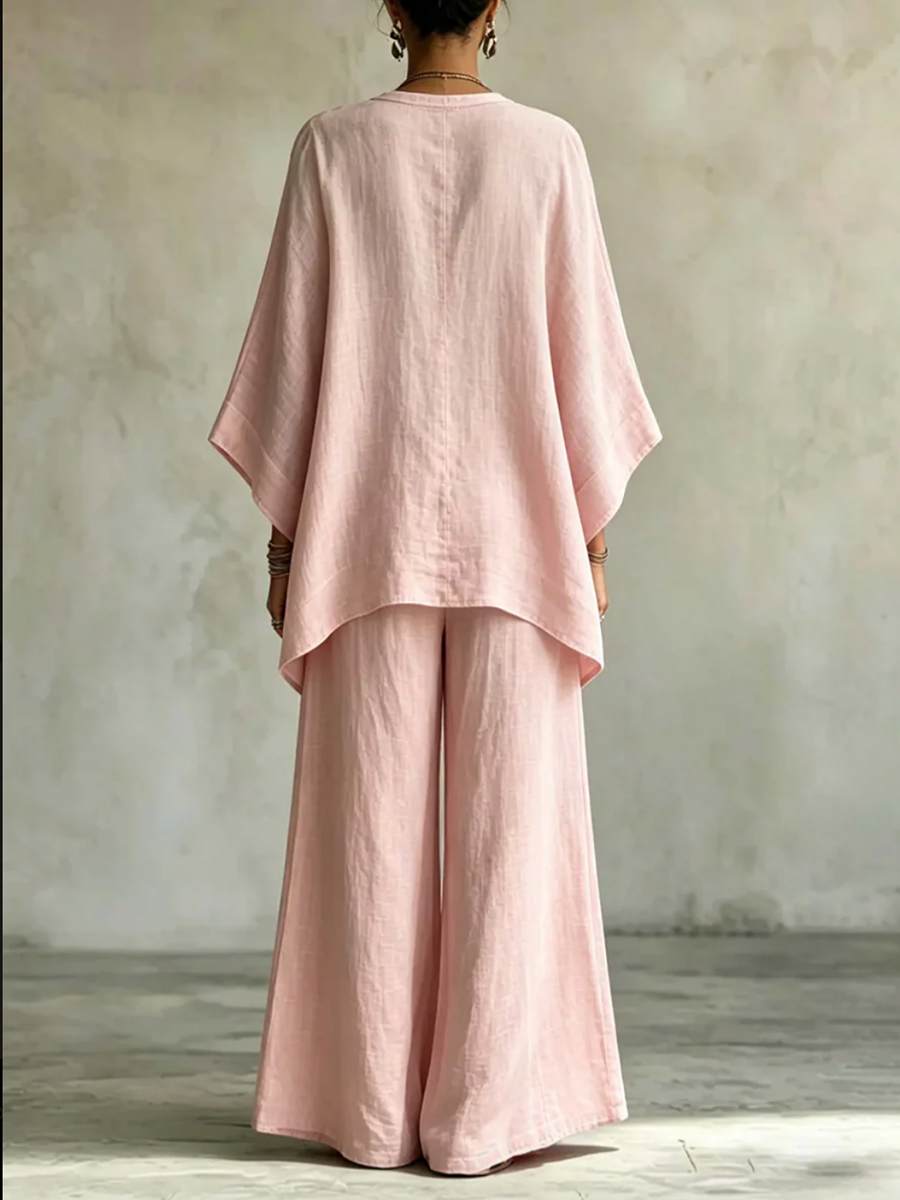 Batwing Sleeves High-Low Printed Solid Color Deep V-Neck Blouses&Shirts Tops Pants Trousers Two Pieces Set