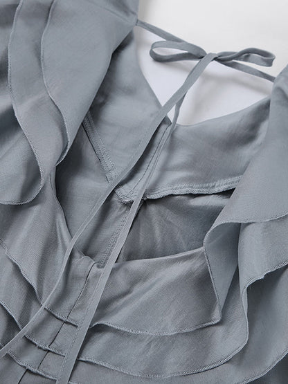 Long Sleeves Backless Ruffled Solid Color V-Neck Blouses&Shirts Tops