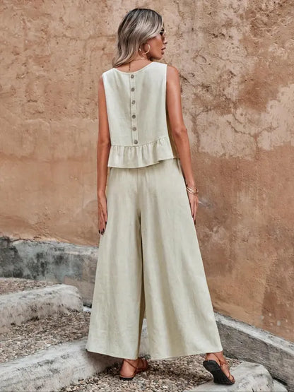 Sage | Women's Sleeveless Ruffle Top & Wide Leg Pants Set