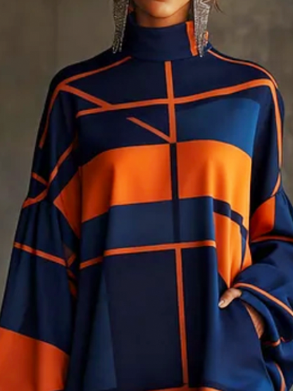 Long Sleeves Loose Contrast Color Pleated Pockets Split-Joint Zipper High Neck Mini Dresses