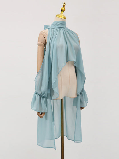 High-Low Long Sleeves Elasticity Hollow Pleated Solid Color Mock Neck Blouses&Shirts Tops