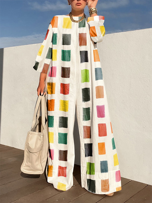 Loose Three-Quarter Sleeves Contrast Color Round-Neck Jumpsuits